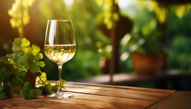 Elegant glass of white wine on blurre background with wine grapes in winery Young wine Generative AI