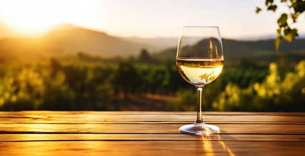 Elegant glass of white wine on blurre background with wine grapes in winery Young wine Generative AI