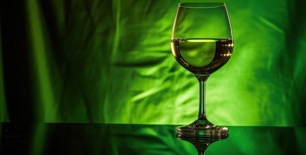 Elegant glass of white wine on a wooden table contrasted by a lush green curtain backdrop AI generative