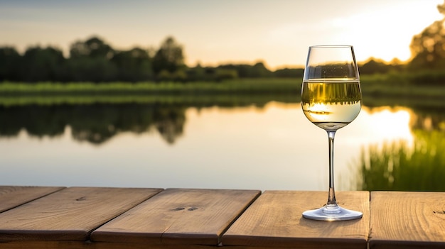 Elegant Glass of White Wine on Wooden Table Reflecting Light