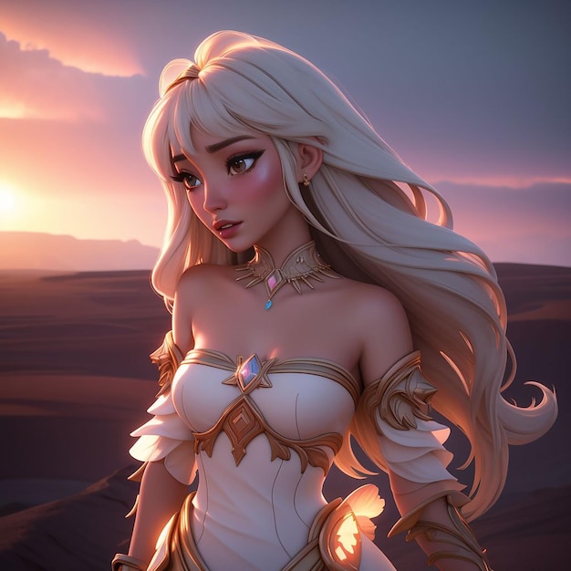 Elegant goddess of earth with beautiful fashion and chic strapless dress with arid and barren land