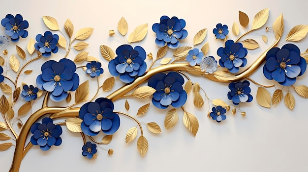 사진 잎과 꽃이 나가지에 매달린 우아한 금색과 왕실 파란색 꽃나무 그림 배경