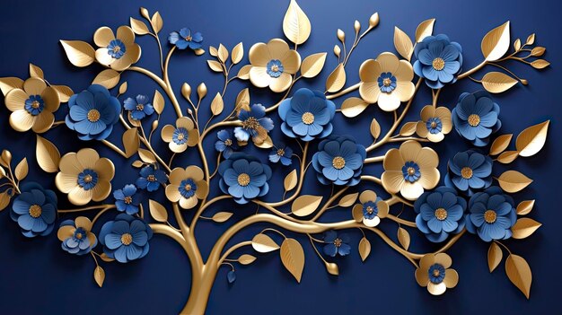 Фото Элегантное золотое и королевское синее цветочное дерево с листьями и цветами, висящими на ветвях