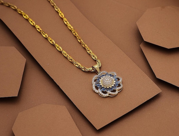 Elegant gold necklace with diamonds necklace gold big luxury on a background paper