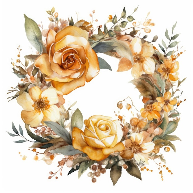 Elegant Gold Rose Wreath on White Watercolor Background