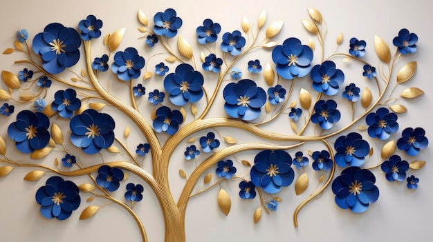 Elegant gold and royal blue floral tree with leaves and flowers hanging branches illustration background