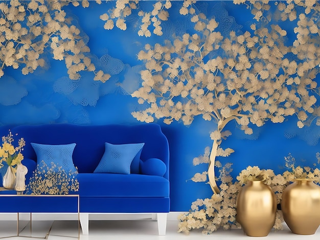 Elegant gold and royal blue floral tree with seamless leaves and flowers wallpaper wall art decor