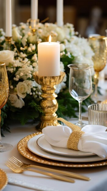 Photo elegant gold and white table setting with wreath and candles