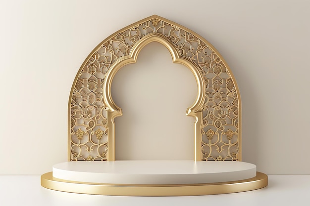 Elegant golden arch with intricate patterns on a podium for display