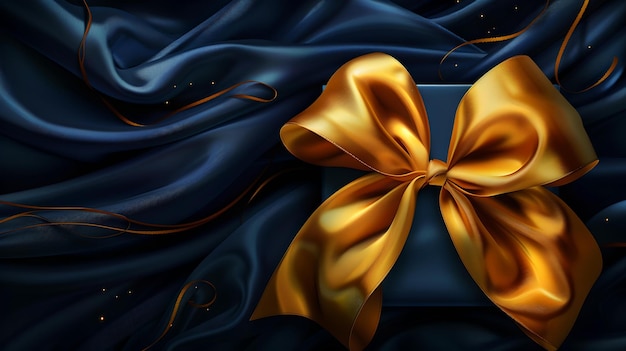 Elegant golden bow on luxurious navy blue satin fabric perfect for gifting themes and backgrounds highquality detailing AI