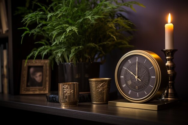 Elegant golden clock and golden cup with plant and candle on wooden table