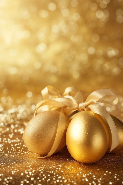 Elegant golden easter eggs tied with luxurious bow on sparkling background