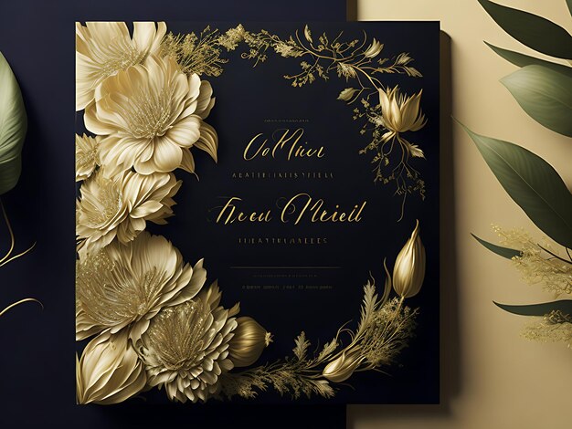 Photo elegant golden floral wedding invitation poster template