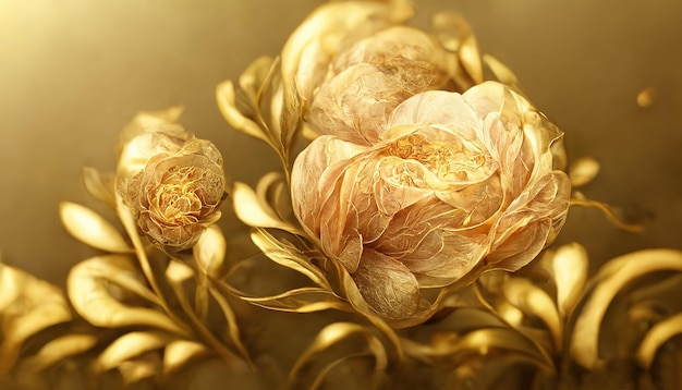 明るい背景にエレガントな金色の花と枝 ポストカードのヴィンテージの花の装飾 幻想的な植物の 3 d イラスト