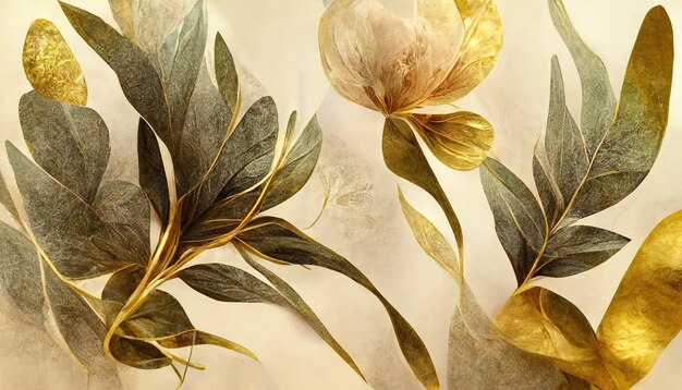 Elegant golden flowers and branches on light background Vintage floral decor for postcard Fantastic plant 3d illustration