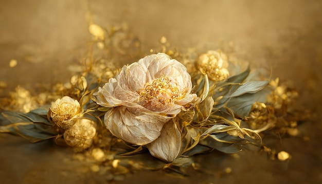 Elegant golden flowers and branches on light background Vintage floral decor for postcard Fantastic plant 3d illustration