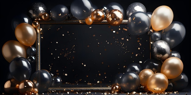 Фото Элегантная золотая рама, окруженная праздничными воздушными шарами и блесками на темном фоне концепция золотая рама праздничные воздушные шары блесками темный фон элегантное прикосновение