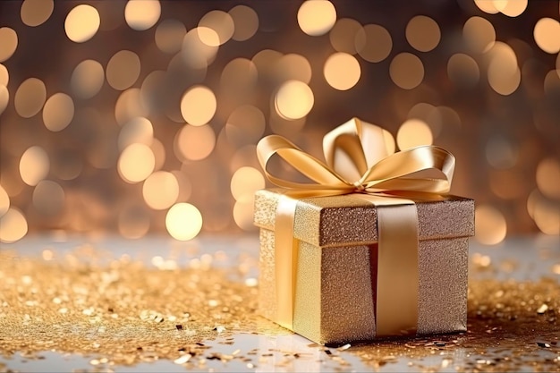 Elegant Golden Gift Box on a Sparkling Confetti Background for Valentine's Day