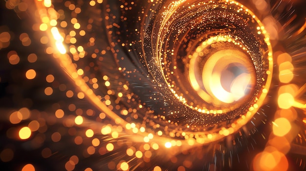 elegant golden glowing spiral particles form a futuristic tunnel abstract background with a sense of technology and speed