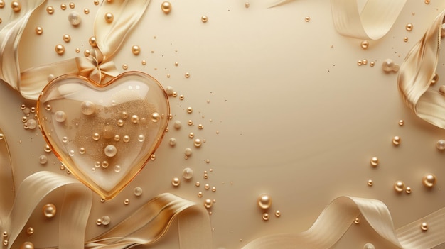 Elegant golden heart surrounded by silky ribbons and beads on beige background