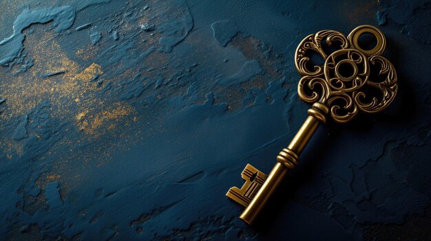 Photo elegant golden key on a textured navy blue backdrop with golden flecks