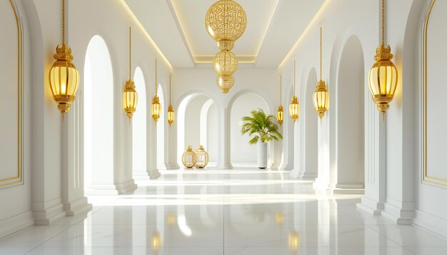 エレガントな黄金のランタン 豪華な白い廊下