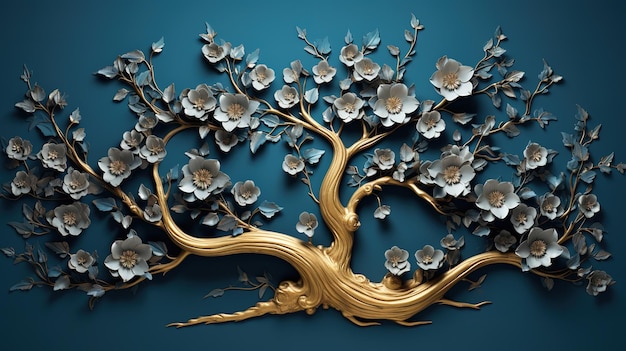 Elegant golden majestic royal flower tree with leaves and flowers hanging branches metal panel