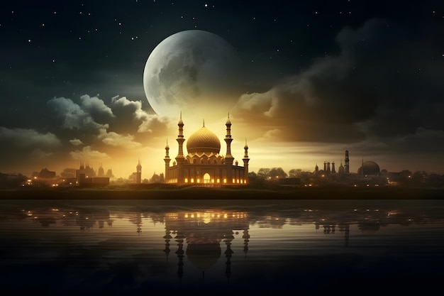 Elegant golden moon with mosque ramadan kareem background