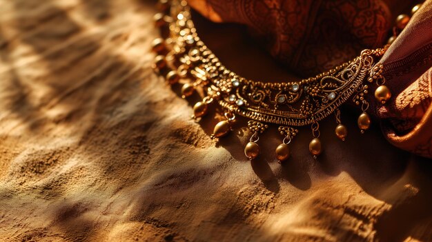 Elegant golden necklace with beads and pendants on a shadowed background