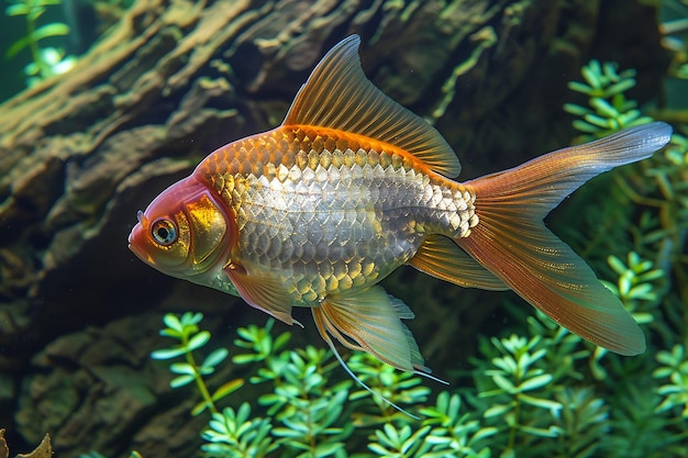 Элегантная золотая рыбка с изящным плавающим хвостом плавает на фоне зелени