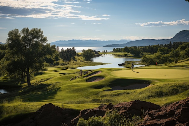 Elegant golfer plays with mountains in the background and nearby lake generative IA