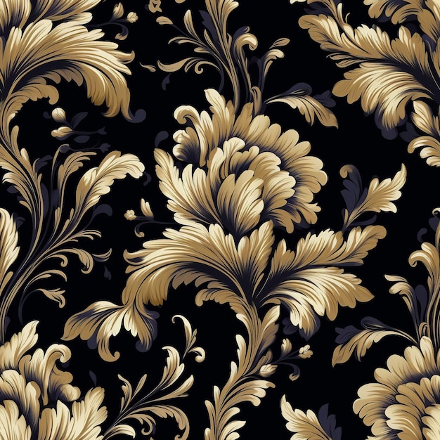 Elegant gouden damask op donkere achtergrond naadloos patroon