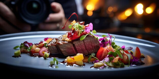 Elegant gourmet dish captured by photographer in dim restaurant ambiance culinary art in focus AI