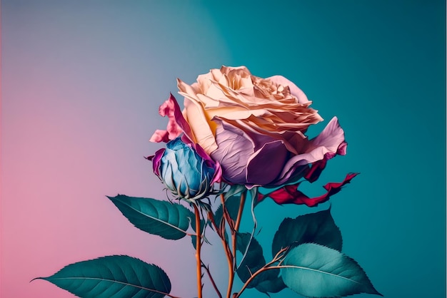 青とピンクの背景にジェネレーティブ AI のピンクの花でエレガントで優雅