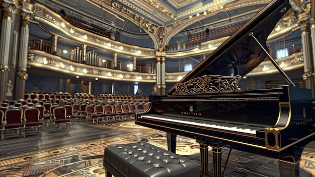 Photo elegant grand piano on an ornate concert hall stage classic music venue rich interior design reflects luxury and artistry perfect for cultural events ai