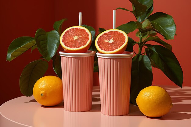 Elegant grapefruit cocktails with bright yellow slices on white background