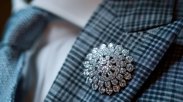 Elegant gray suit with a diamond brooch