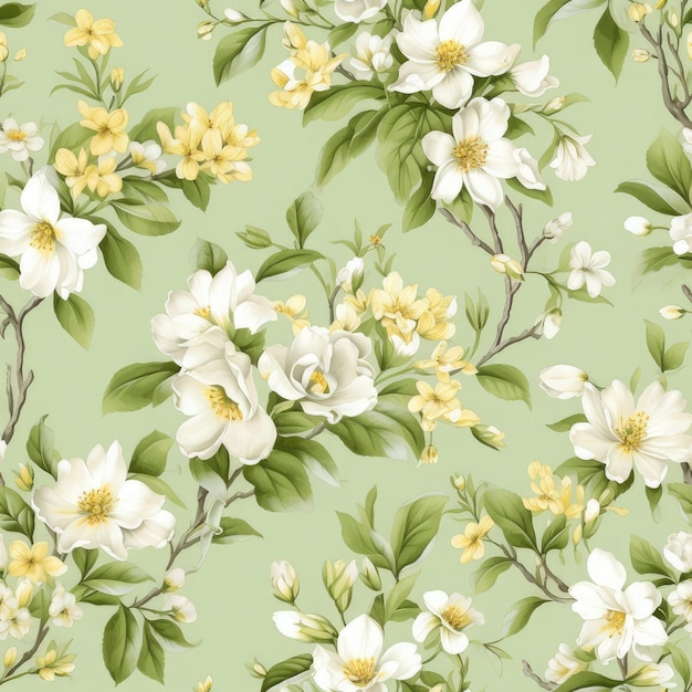 Photo elegant green and cream tonals seamless floral pattern