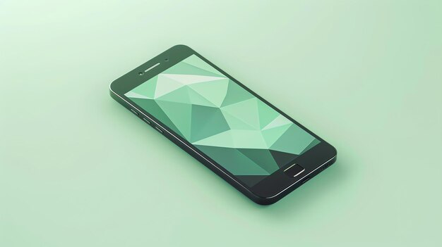 Elegant green smartphone with a geometric pattern on the screen The phone is placed on a green background