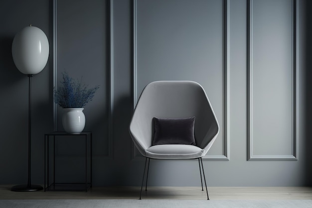 トレンディな部屋の壁にあるエレガントなグレーの椅子とスタイリッシュでモダンなインスタレーション