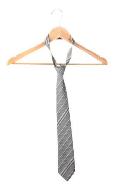 Elegant grey tie on wooden hanger isolated on white