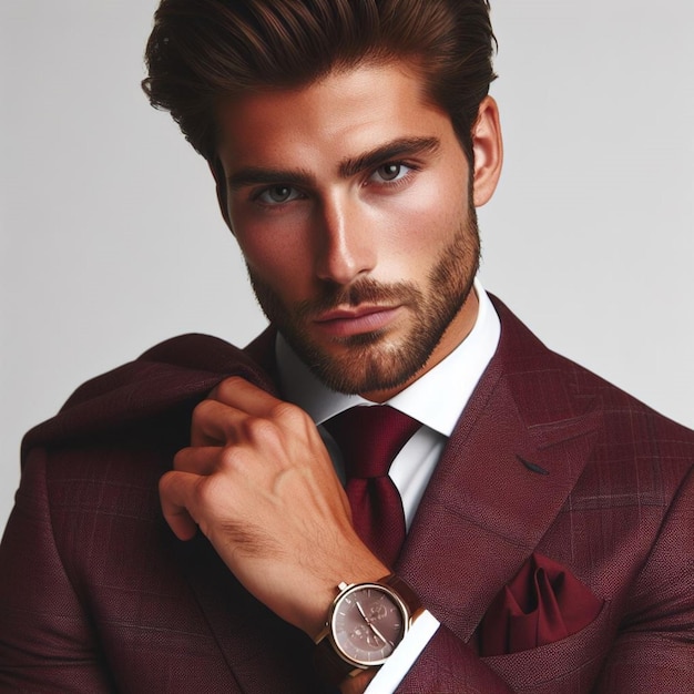 elegant guy in a sharp wine red suit embodies success against a minimalist white setting