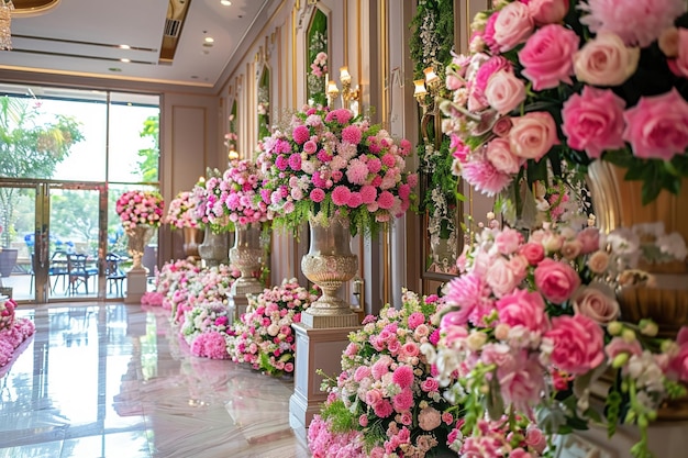 優雅 な 会場 は,茂み た ピンク の 花 の 装飾 で 沢 に 装飾 さ れ て い ます