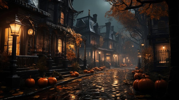 Premium AI Image | elegant halloween decorating neighborhood streets ...