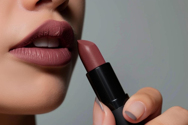 Photo elegant hand applying matte lipstick for minimalist makeup ai created