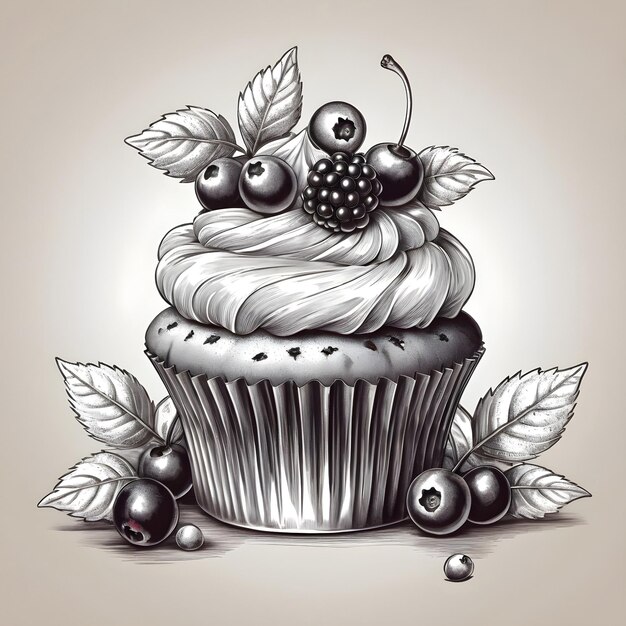 Elegant hand drawn cupcake with berries illustration