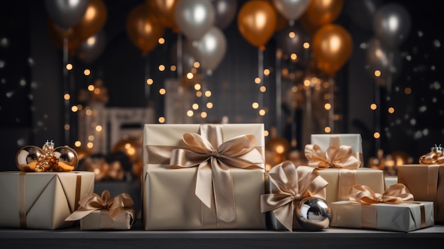 Elegant hands of a woman grasping a luxury white silver gift box with a bow against a festive background Xmas and New Year postcard design Generative AI