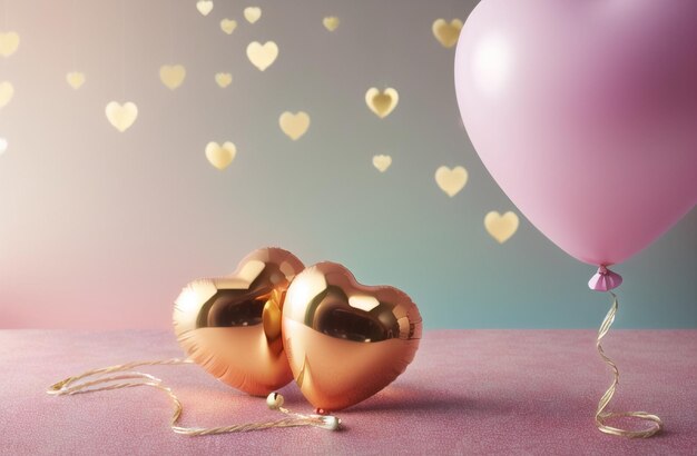 Elegant Heart Balloons Party Background Pastel and Gold Valentines Day Birthday Party Celebration Generative AI