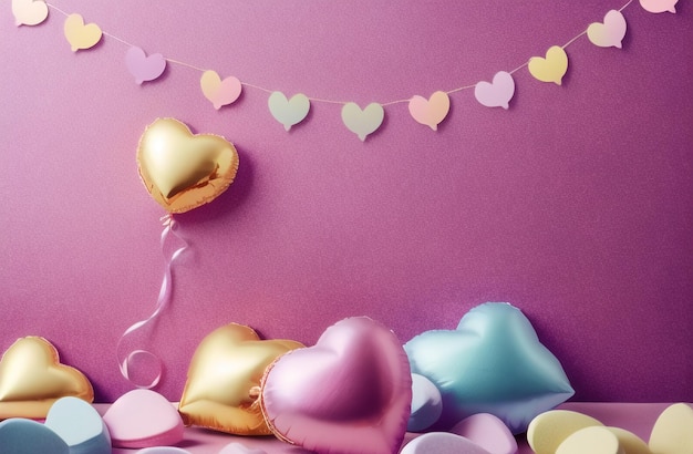 Elegant Heart Balloons Party Background Pastel and Gold Valentines Day Birthday Party Celebration Generative AI