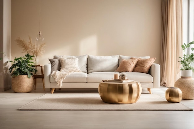 Foto elegant hedendaags woonkamerinterieur ingericht in gezellige beige tinten